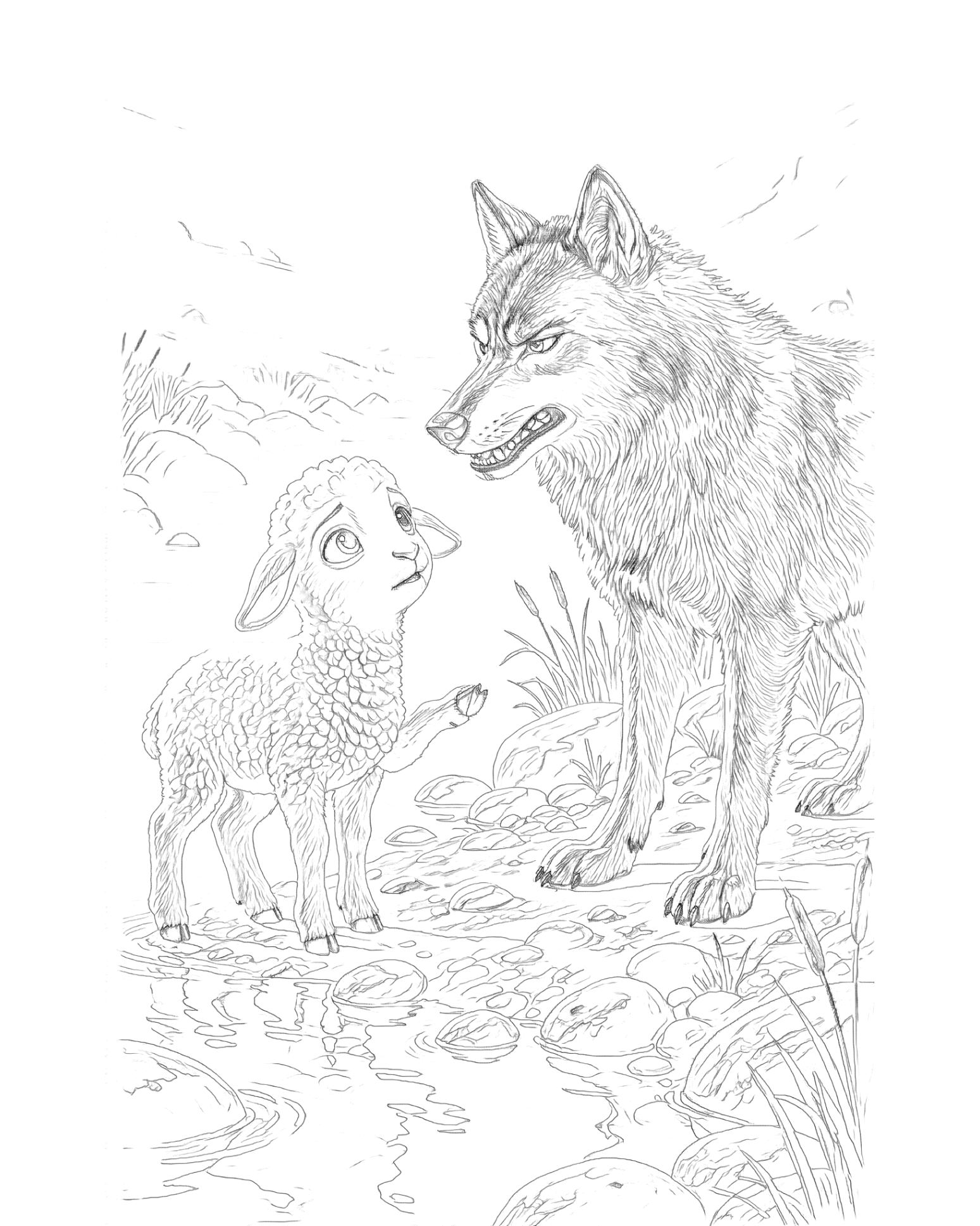 Coloring line art from The Wolf and the Lamb